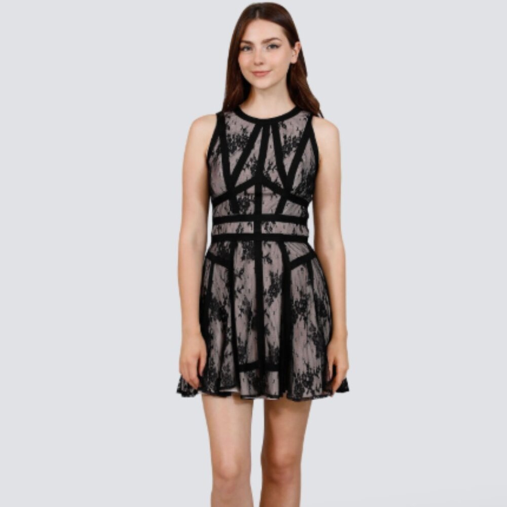 Karen Millen Black Lace Illusion Fit & Flare Cocktail Dress Nude Lined US 8